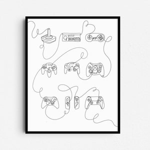 Retro Video Game Controller Line Art, Game Room Print Decor, Joystick Wall Art, Gaming Poster, Prints for Boys