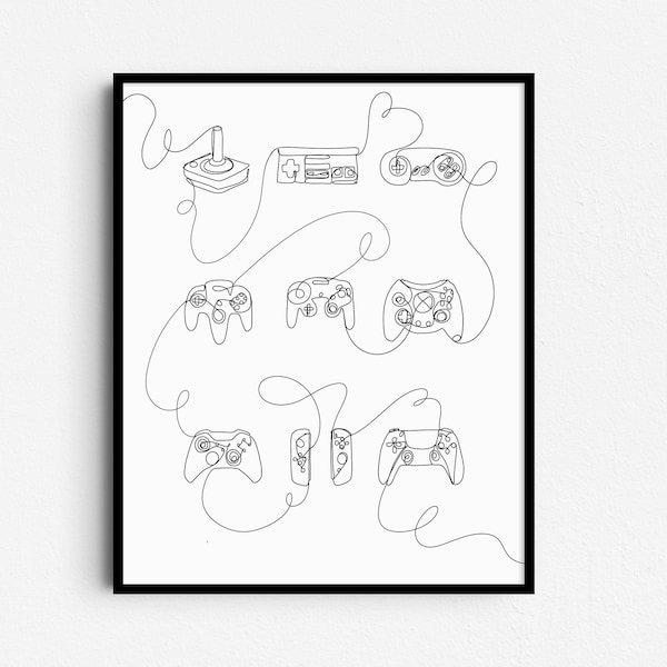 Retro Video Game Controller Line Art, Game Room Print Decor, Joystick Wall Art, Gaming Poster, Prints for Boys