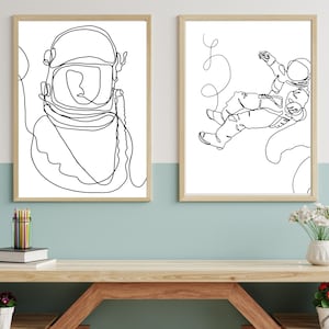 Astronaut Space Art Prints, Modern Nursery Printable Set of 2, One Line Art, Black and White Kids Boys Wall Decor