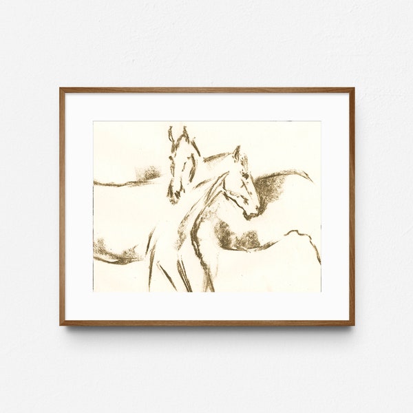 Esquisse abstraite de chevaux, Peinture minimaliste de cheval au fusain, Décor mural équestre, Impression d’art minimal vintage