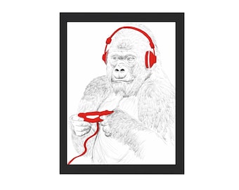 Animals Playing Video games, Monkey Art, Retro Video Game Controller Line Art, Game Room Print Decor ,  Prints for Boys, Gorilla Art