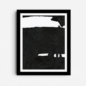 May include: Black and white abstract painting with a large white shape at the top and smaller white shapes at the bottom.