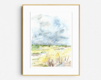 Originele aquarel blauwe hemel landschap schilderij, tarwe veld landschap art print, boerderij home decor