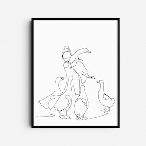 Continuous Line Drawing Child with Geese, Minimalist Birds Print, Modern One Line Art for Nursery, Digital Download