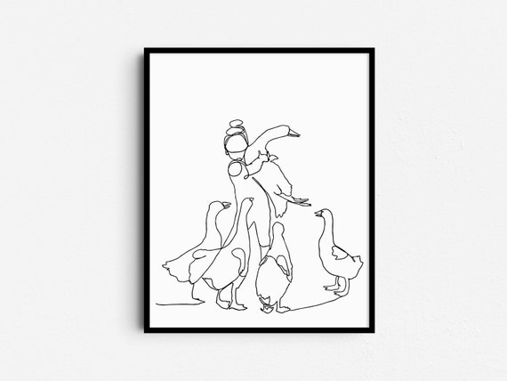 Continuous Line Drawing Child with Geese, Minimalist Birds Print, Modern One Line Art for Nursery, Digital Download