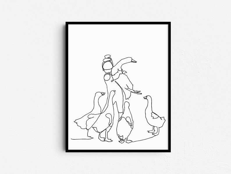 May include: Line art drawing of a group of geese. One goose is standing on top of another goose, with its wings spread out. The other geese are standing around them, looking up at the goose on top.