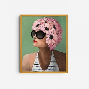 Flower Swim Cap Wall Art Print, Woman in Oversized Sunglasses Portrait, Retro Vintage Fashion Illustration