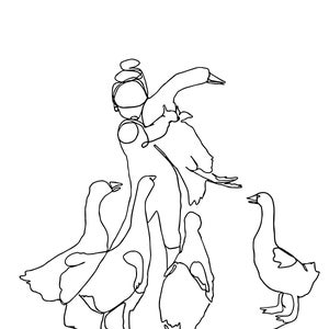 May include: Line drawing of a person holding a goose with three other geese standing nearby. The geese are all facing different directions.