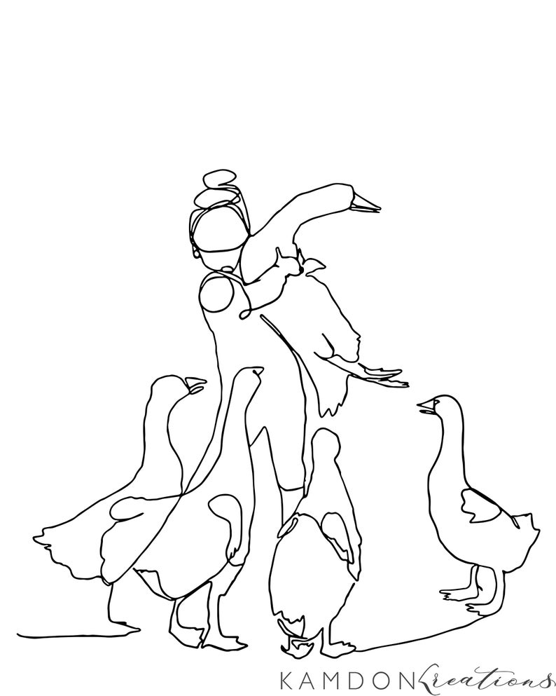 May include: Line drawing of a person holding a goose with three other geese standing nearby. The geese are all facing different directions.