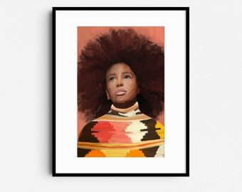 Black Woman Natural Hair Art Print, Printable African American Female Wall Art, Boho Fashion Abstract Portrait