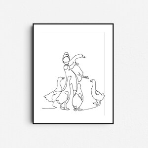 May include: Line art drawing of a person holding a goose with four other geese surrounding them.