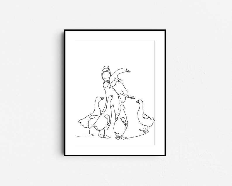 May include: Line art drawing of a person holding a goose with four other geese surrounding them.