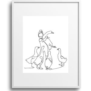 May include: A black and white line drawing of a person surrounded by geese. The person is standing with their arms outstretched, and the geese are gathered around them.