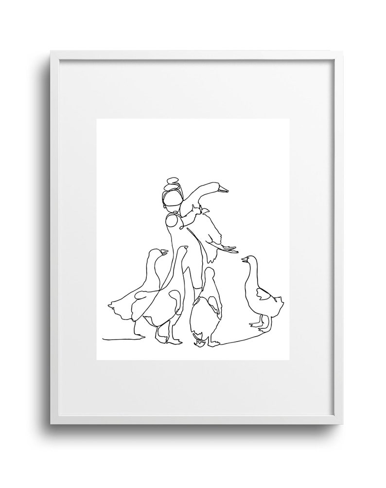 May include: A black and white line drawing of a person surrounded by geese. The person is standing with their arms outstretched, and the geese are gathered around them.
