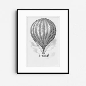 Vintage Hot Air Balloon Print, Antique French Aviation Poster, Black and White Retro Wall Art, Instant Download