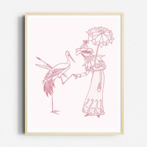 c1899 Girl and Crane Shaking Hands, Antique Drawing, Walter Crane Vintage Illustrations, Children&#39;s Pink Art Print