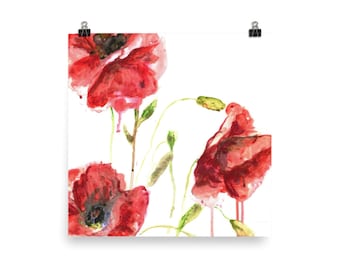 Red Poppies Painting, Original Watercolor Floral Art, Square Wildflowers Printable, Abstract Flowers Print