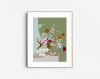Op de afbeelding: Een abstracte bloemenillustratie in groen en blauw met een boeket van roze, rode en oranje bloemen in een wit-zwarte gestreepte vaas.