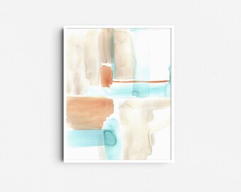 Lichtblauw en beige abstracte penseelstreek kunst aan de muur, kust geïnspireerd schilderij, Boho neutraal decor