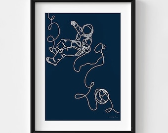 White Line Astronaut Print, Outer Space Wall Art, Navy Blue Wall Decor, Minimalist Kids Room