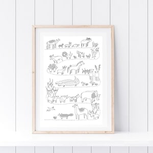 Arte em linha de pares de animais da Arca de Noé em preto e branco, berçário neutro de gênero para impressão, decoração de parede de quarto infantil