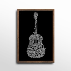 May include: A black and white line art print of an acoustic guitar with floral details. The guitar is framed in a brown wood frame.