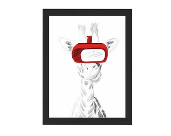 Animals Playing Video games, Giraffe Art, Retro Video Game Controller Line Art, Game Room Print Decor ,  Prints for Boys, Giraffe Decor