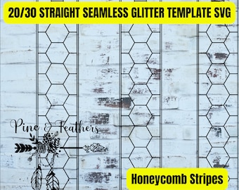 May include: A digital design template for a 20/30 straight seamless glitter honeycomb stripe pattern. The design features black honeycomb shapes on a white background. The text "Honeycomb Stripes" is in yellow at the bottom of the image.