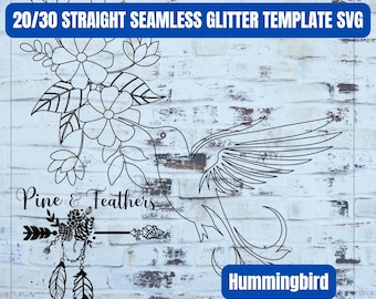 May include: Black and white line art design of a hummingbird with flowers and an arrow with feathers and the text "Pine & Feathers" and "Hummingbird".