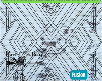 May include: Black and white geometric pattern with a white background. The pattern is made up of straight lines that create a series of overlapping squares and rectangles. The pattern is seamless and can be used for a variety of projects, such as fabric, wallpaper, or wrapping paper. The text "Pine & Feathers" and "Fusion" are visible in the image.