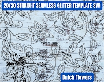 May include: Black and white seamless pattern of Dutch flowers with a white brick background. The text "20/30 Straight Seamless Glitter Template SVG" is at the top of the image. The text "Dutch Flowers" is at the bottom of the image.