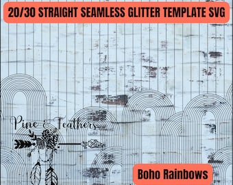 May include: Black and white graphic design of a boho rainbow with the text "Pine & Feathers" and "Boho Rainbows".