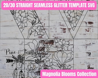 May include: Black and white line art illustration of magnolia flowers and leaves. The image is divided into four sections, with the text "20/30 STRAIGHT SEAMLESS GLITTER TEMPLATE SVG" at the top and "Magnolia Blooms Collection" at the bottom.