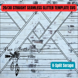 May include: A black and white geometric pattern on a whitewashed brick background. The pattern is a series of overlapping triangles and lines. The text "20/30 STRAIGHT SEAMLESS GLITTER TEMPLATE SVG" is at the top of the image. The text "Pine & Feathers" is in the lower left corner of the image. The text "V-Split Serape" is in the lower right corner of the image.