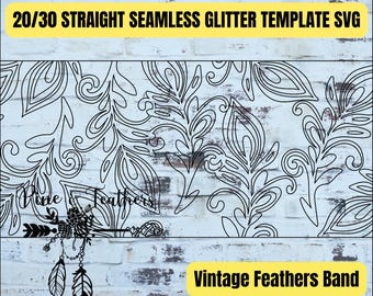 May include: A digital design template with a vintage feather band design. The image features the text "20/30 Straight Seamless Glitter Template SVG" and "Vintage Feathers Band" in yellow boxes. The design includes black feather illustrations on a white brick background.