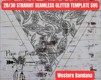 May include: Black and white line art design of a paisley pattern for a 20/30 inch bandana. The design is in a triangle shape and the text "Western Bandana" is in red at the bottom of the image.