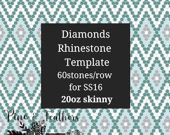 Puede incluir: Una plantilla digital para crear un diseño de diamantes de imitación. La plantilla es para 60 piedras por fila y es para tela fina de 20oz. La plantilla está etiquetada como "Diamonds Rhinestone Template 60 stones/row for SS16 20oz skinny" y "Pine & Feathers".