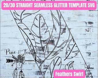 May include: Black and white line art design of feathers in a swirl pattern. The design is seamless and can be used for crafting projects. The text "20/30 Straight Seamless Glitter Template SVG" and "Feathers Swirl" are included in the image.