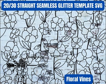 May include: Black and white floral vine design with the text "20/30 Straight Seamless Glitter Template SVG" and "Floral Vines".