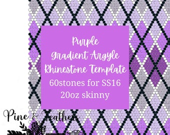 Puede incluir: Plantilla de diamantes de imitación Argyle degradado morado para un vaso skinny de 20 oz. La plantilla utiliza 60 piedras para diamantes de imitación SS16.