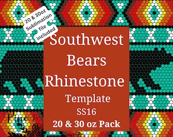 May include: Southwest Bears Rhinestone Template SS16 20 & 30 oz Pack. A digital design featuring two black bears with a turquoise, white, orange, and yellow geometric pattern.