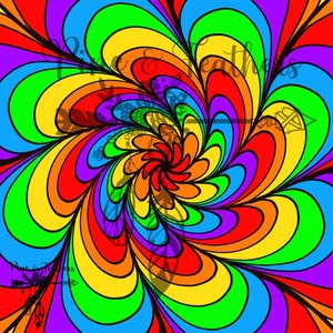 May include: A colorful rainbow swirl pattern with a psychedelic design. The pattern is made up of concentric circles of red, orange, yellow, green, blue, indigo, and violet.