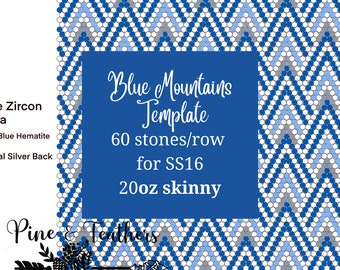 Puede incluir: Plantilla de abalorios Blue Mountains con un patrón de chevron en azul, azul claro, blanco y gris. La plantilla es para 60 piedras por fila y está diseñada para cuentas de tamaño 16. La plantilla es para hilo delgado de 20 oz.