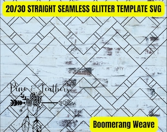 May include: A digital design with the text "20/30 STRAIGHT SEAMLESS GLITTER TEMPLATE SVG" in a yellow rectangle. The design features a black geometric pattern and the words "Boomerang Weave". The logo "Pine & Feathers" is also present.
