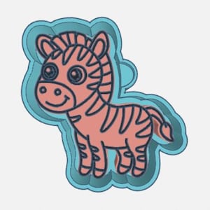 May include: A cartoon-style zebra cookie cutter. The zebra is peach-colored with black stripes and large eyes. It is set within a light blue, cloud-shaped outline, perfect for baking themed treats.