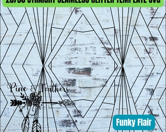 May include: Black and white geometric design with a white brick background. The design features a series of overlapping squares and triangles. The text "Pine & Feathers" and "Funky Flair" are also included in the image.