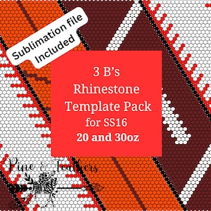 Puede incluir: Un cuadrado rojo con texto blanco que dice "3 B's Rhinestone Template Pack for SS16 20 and 30oz". El cuadrado está sobre un fondo de formas geométricas naranja, blancas y marrones.