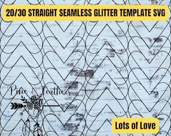 May include: A digital design template featuring a seamless pattern of black hearts and chevron shapes on a light blue background. The text "20/30 Straight Seamless Glitter Template SVG" is at the top of the image. The text "Pine & Feathers" is in the center of the image with a black arrow and a dreamcatcher design. The text "Lots of Love" is in the bottom right corner of the image.