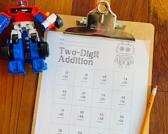 Second Grade Math Worksheets, two digit addition, subtraction, with regrouping, telling time worksheets, with Robot Coloring and WritingPage