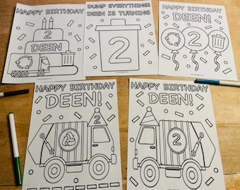 Garbage Truck Birthday Coloring Pages of Kids, Set of 5